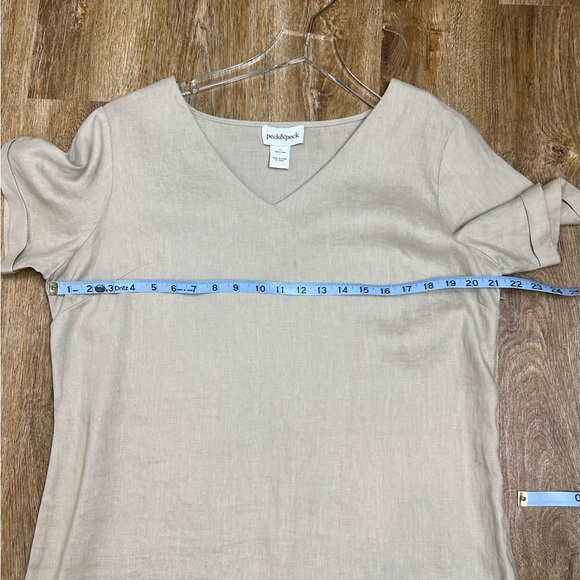Peck & Peck 100% Linen Dress, Tan V-Neck Tassel Trim Sz L Side Ziper - Picture 9 of 11